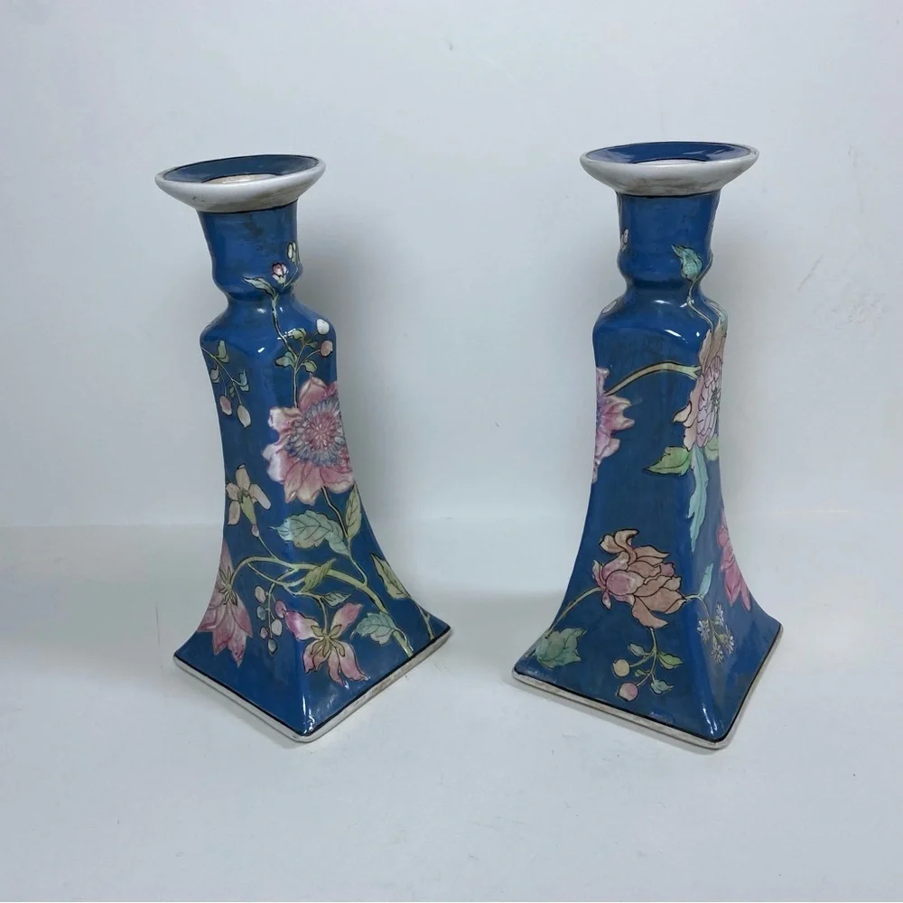 Vintage Chinoiserie Blue and White Floral Japan Ceramic Candlesticks Set of 2